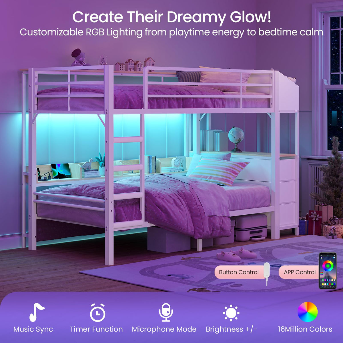 Twin Over Twin Bunk Bed with 6 Storage Drawers, Shelves, LED Lights and Ladder G58625