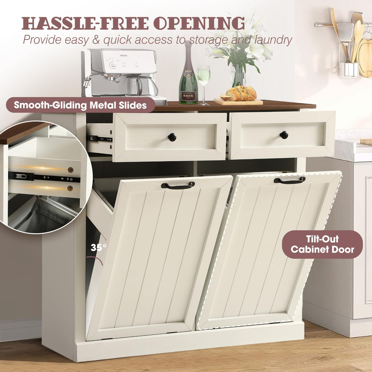 White 22 Gallon Wooden Laundry Hamper Cabinet with 2 Drawers R354