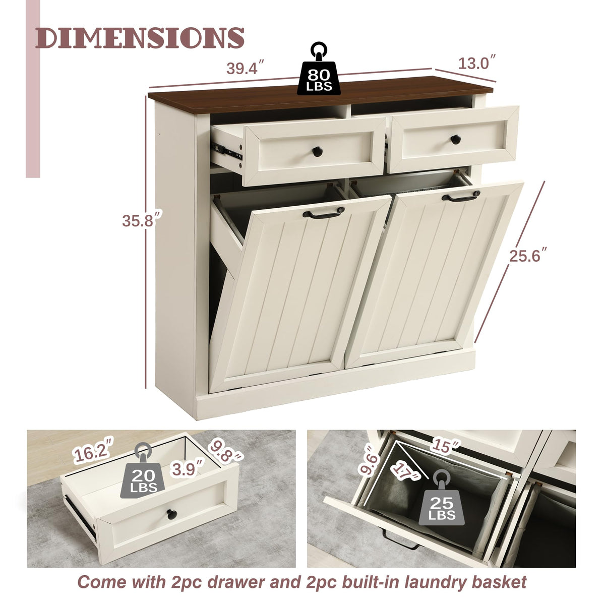 White 22 Gallon Wooden Laundry Hamper Cabinet with 2 Drawers R354