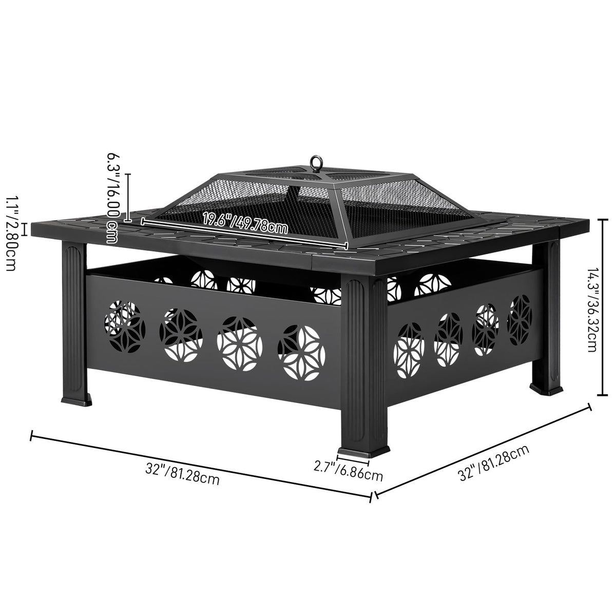 32 Inch Square Wood Burning Fire Pit Table with Spark Screen Lid and Fire Poker, Black H612409