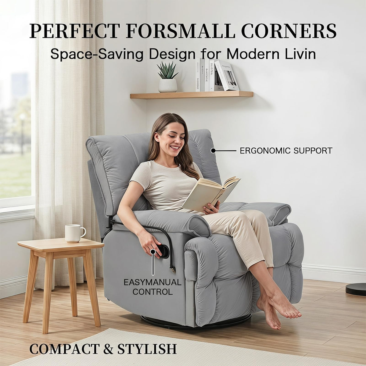 Velvet Swivel Recliner Accent Chair with Detachable Side Phone Holder B415
