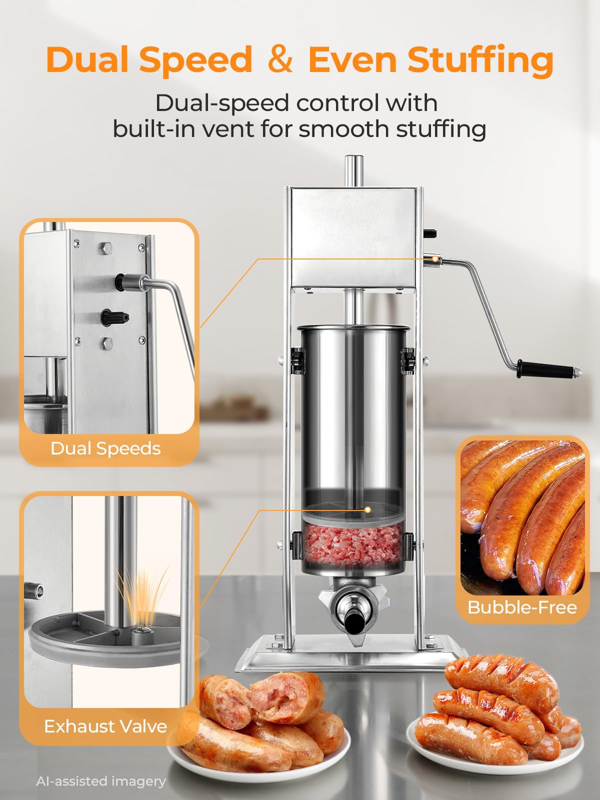 7LBS / 3L Dual Speed Sausage Stuffer with 5 Stuffing Tubes I63008