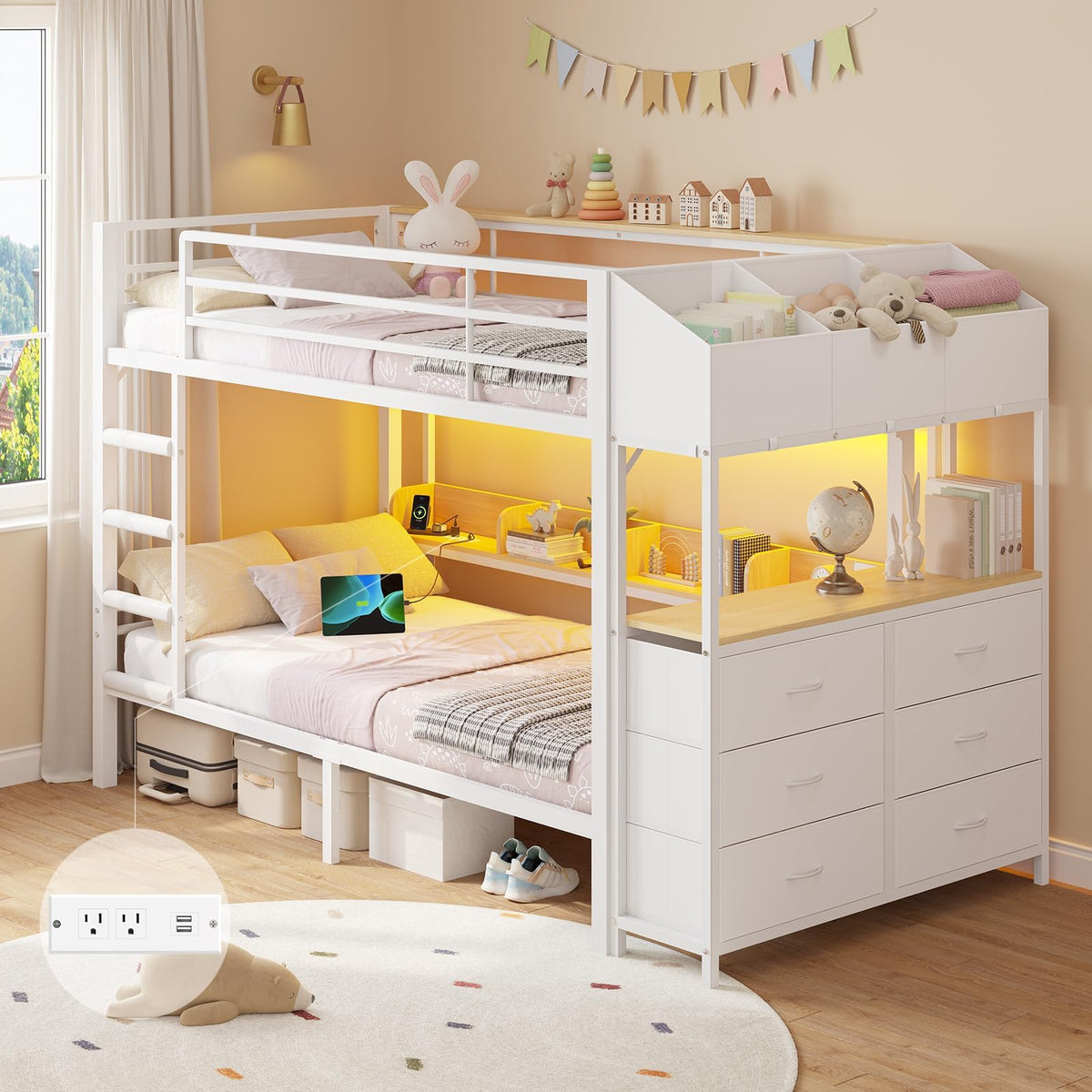 Twin Over Twin Bunk Bed with 6 Storage Drawers, Shelves, LED Lights and Ladder G58625