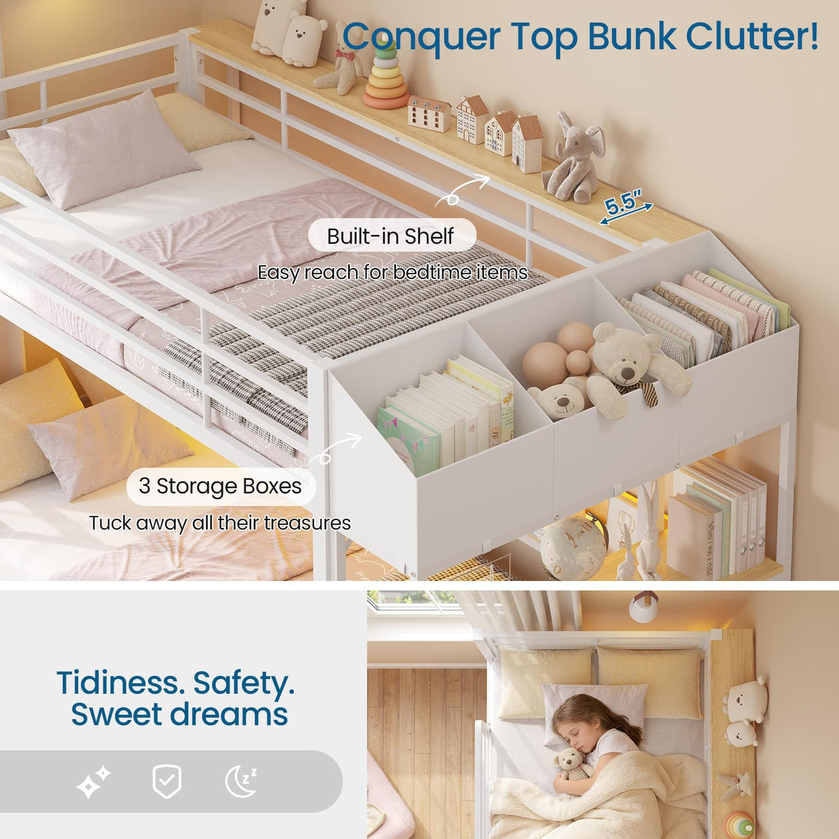 Twin Over Twin Bunk Bed with 6 Storage Drawers, Shelves, LED Lights and Ladder G58625
