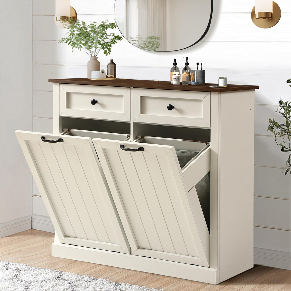 White 22 Gallon Wooden Laundry Hamper Cabinet with 2 Drawers R354