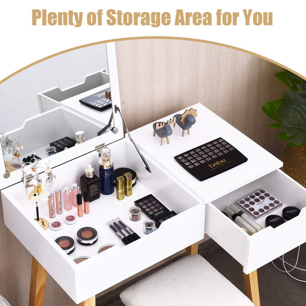 White Wooden Vanity Table with Flip Top Mirror and Stool J42335