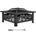 32 Inch Square Wood Burning Fire Pit Table with Spark Screen Lid and Fire Poker, Black H612409