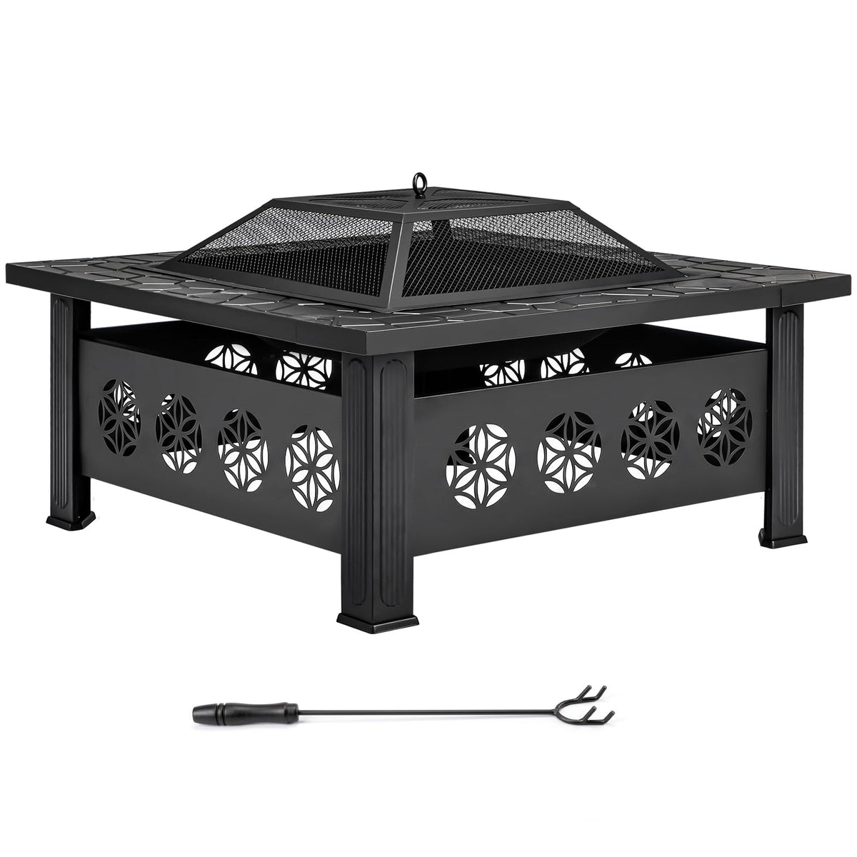 32 Inch Square Wood Burning Fire Pit Table with Spark Screen Lid and Fire Poker, Black H612409