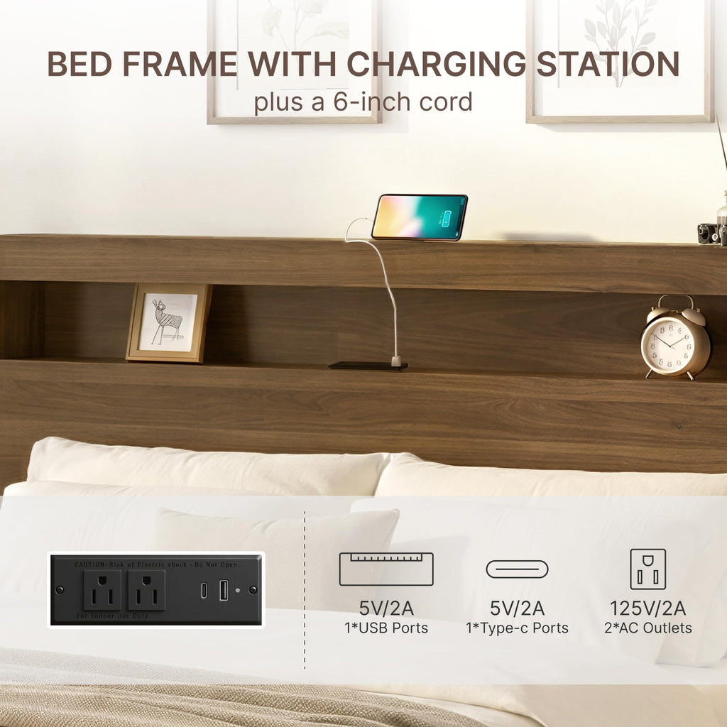 King Walnut Storage Bed Frame with LED Lights Z419