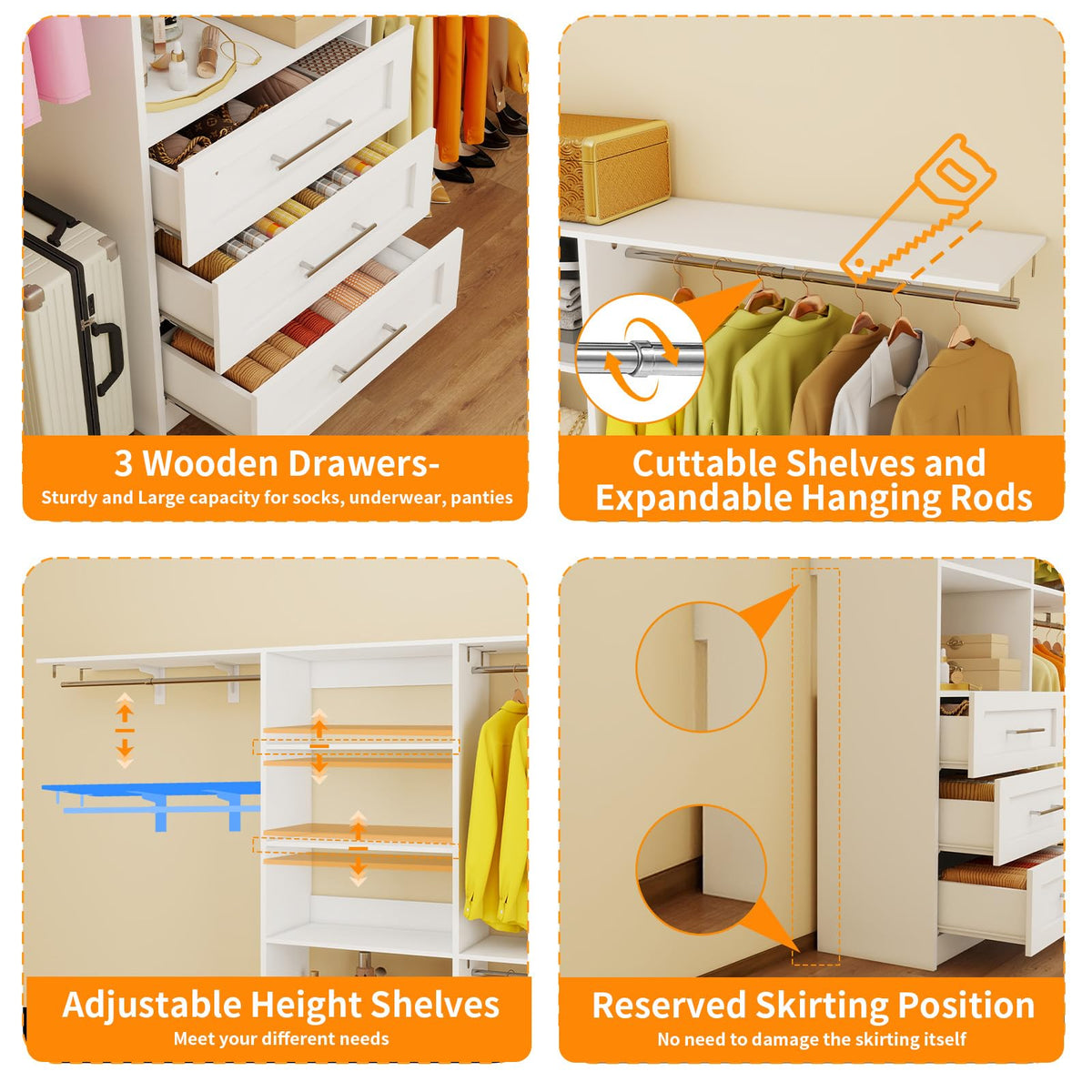 White Closet System with 3 Wood Drawers and Hanging Rods C125634