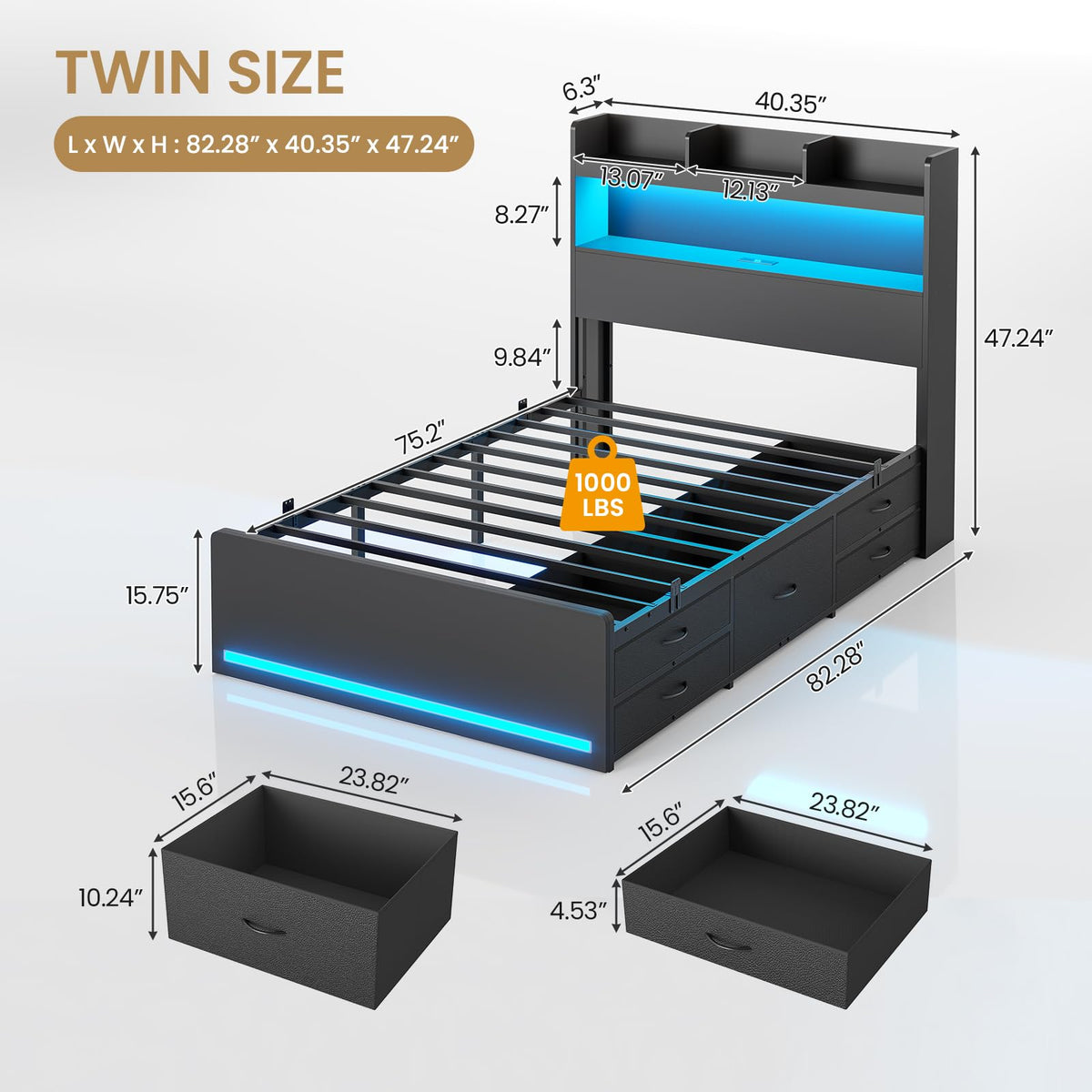 Twin Size Storage Bed Frame with 5 Drawers M46179