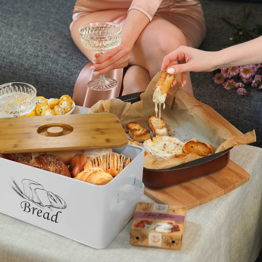White Metal Bread Box with Bamboo Lid I204325