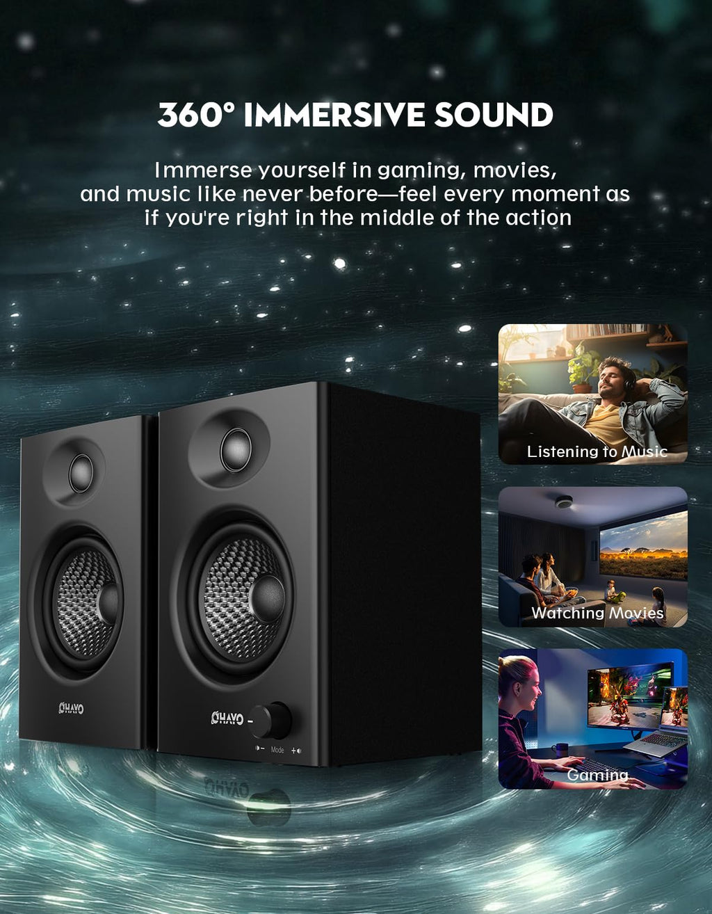 60W Bluetooth 5.3 Stereo 2.0 Computer Speakers 1 Pair Black I7755