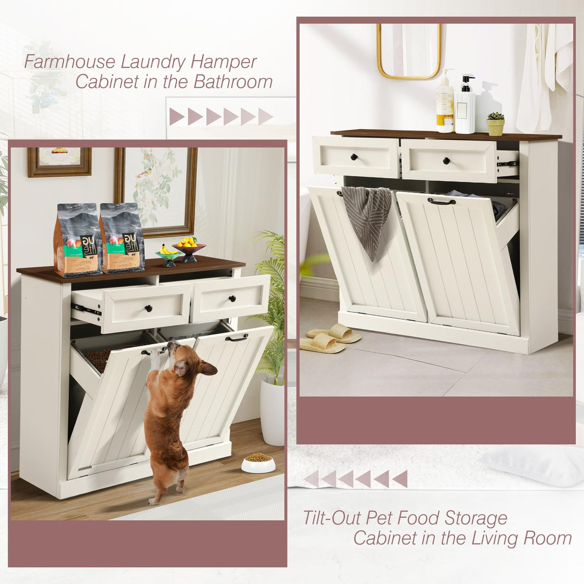 White 22 Gallon Wooden Laundry Hamper Cabinet with 2 Drawers R354