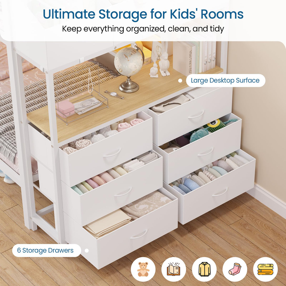 Twin Over Twin Bunk Bed with 6 Storage Drawers, Shelves, LED Lights and Ladder G58625