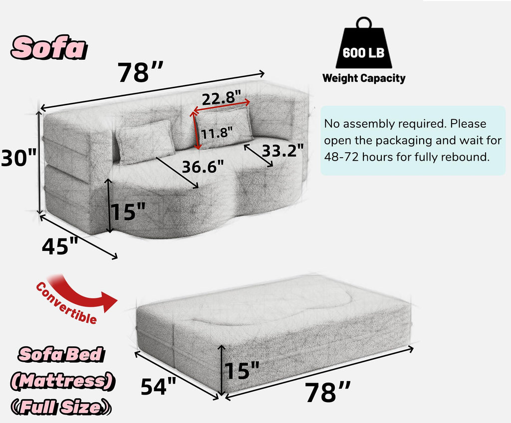 78" Full Size Pink Folding Sofa Bed T50584