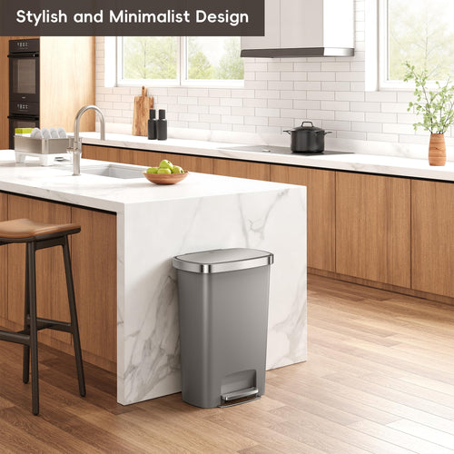 13.2 Gallon / 50L Grey Plastic Step Trash Can with Stainless Steel Lid C971
