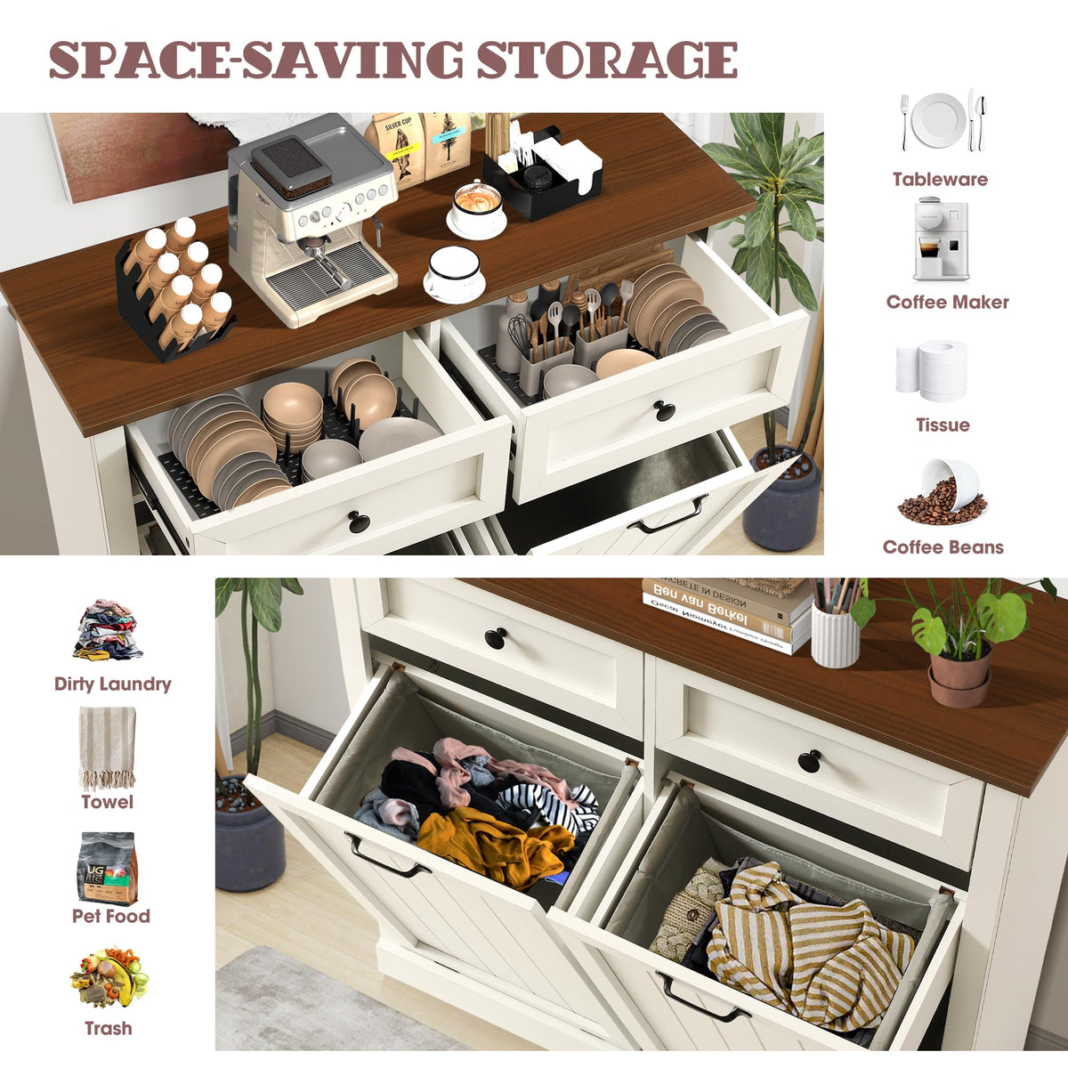 White 22 Gallon Wooden Laundry Hamper Cabinet with 2 Drawers R354