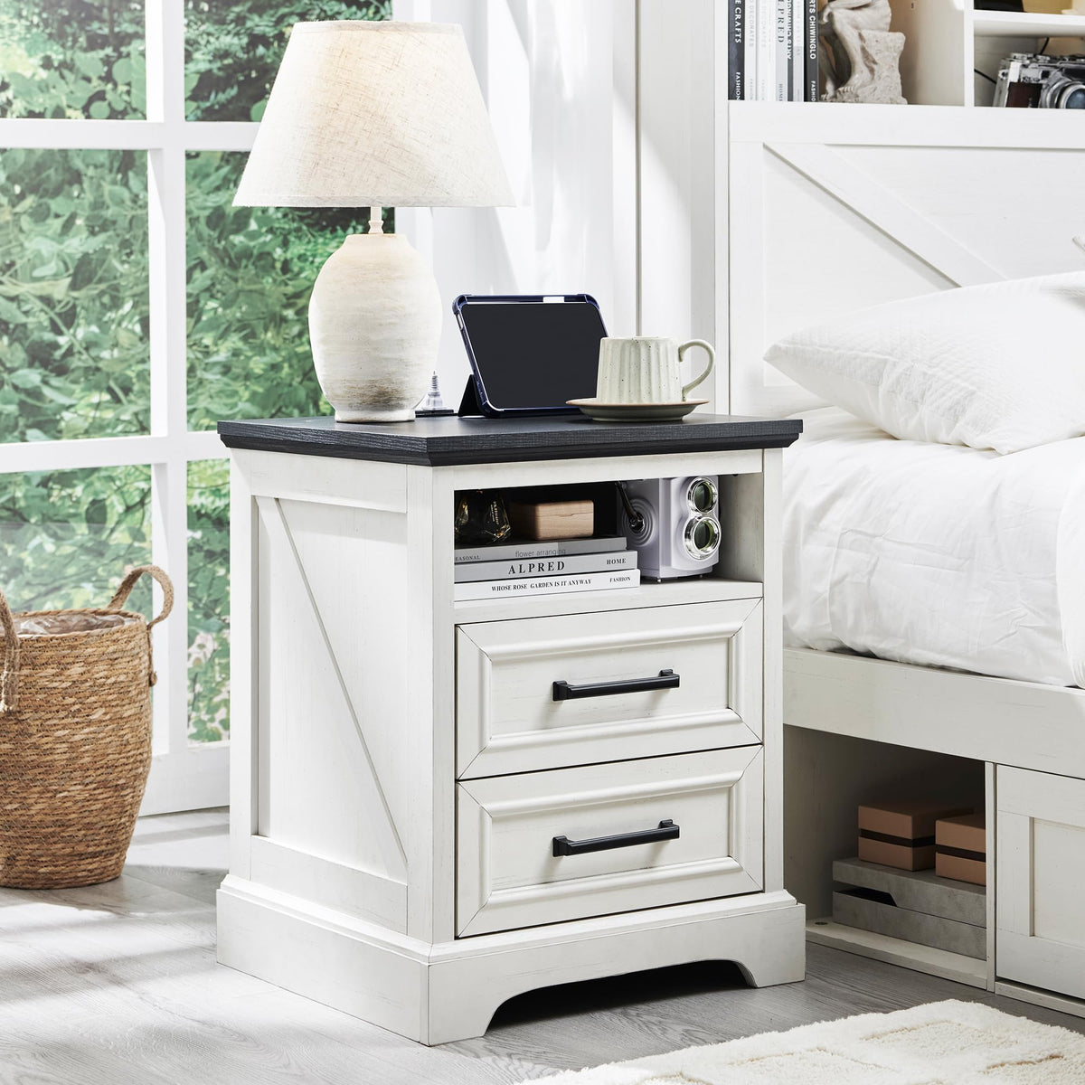 18" Antique White Nightstand with Charging Station B6997