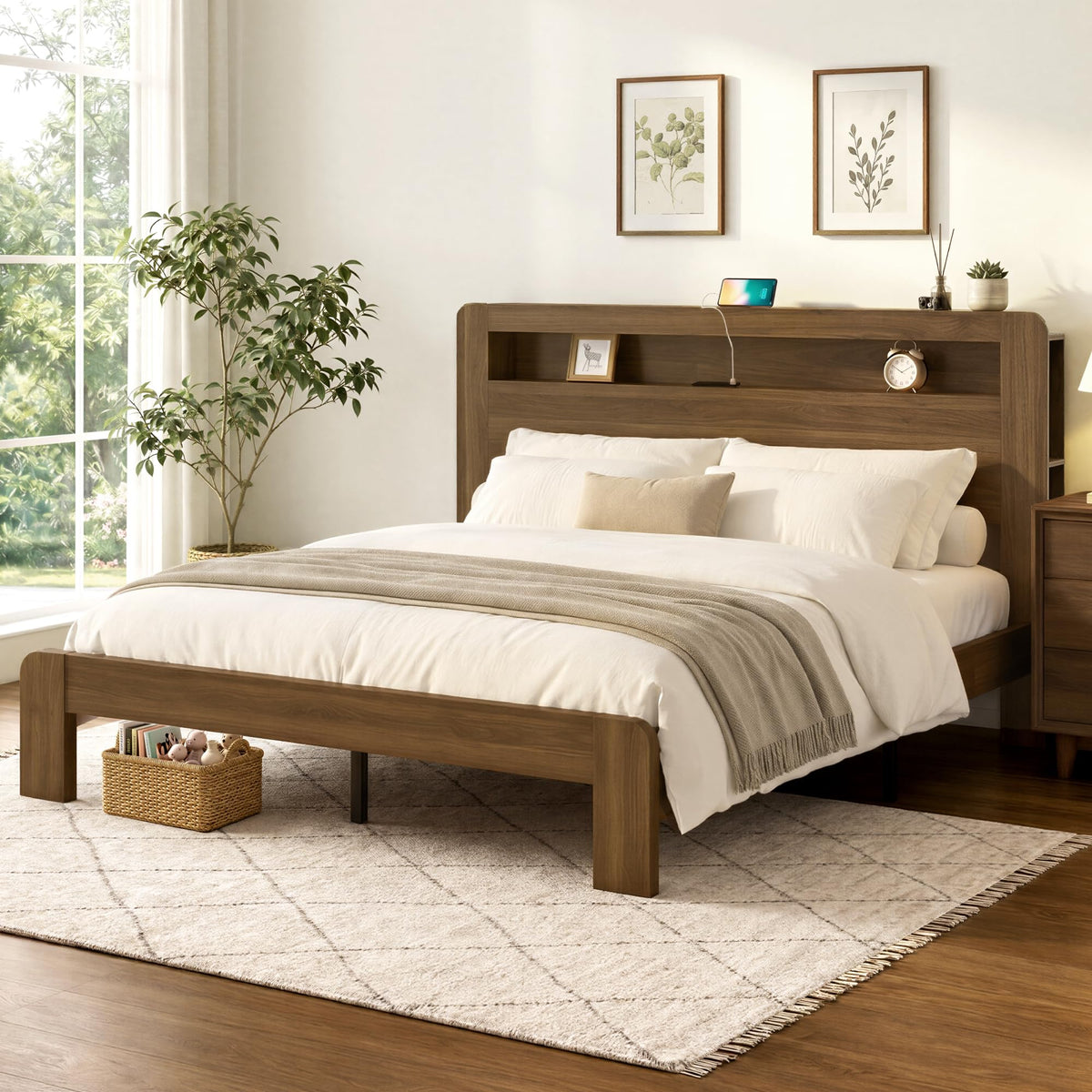 King Walnut Storage Bed Frame with LED Lights Z419