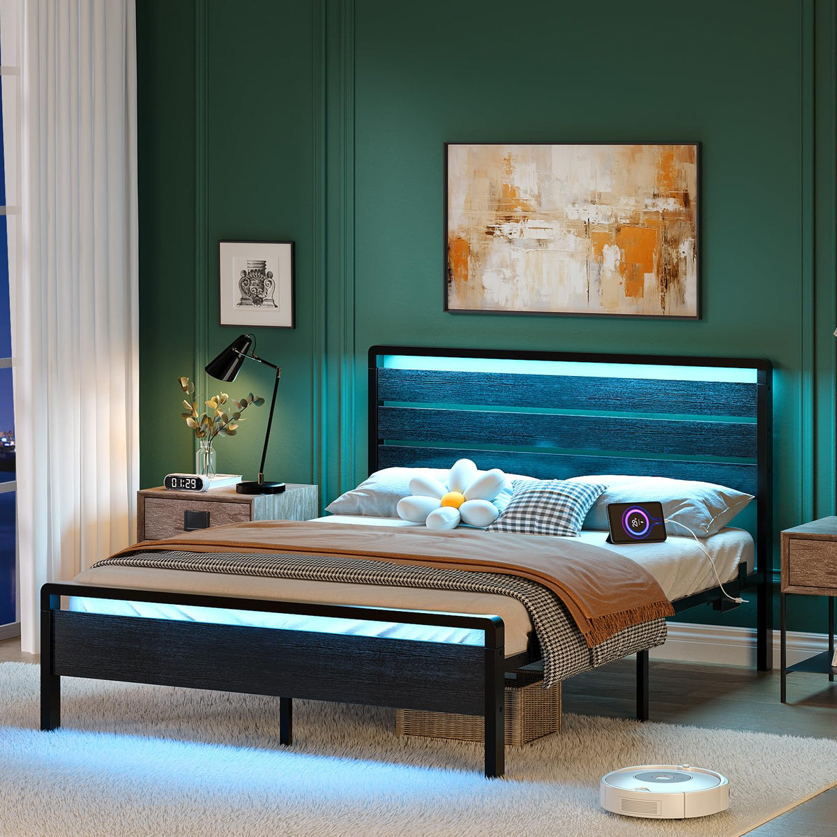 Full Size Metal Platform Bed Frame with LED Headboard and Charging Ports, Black Y329224