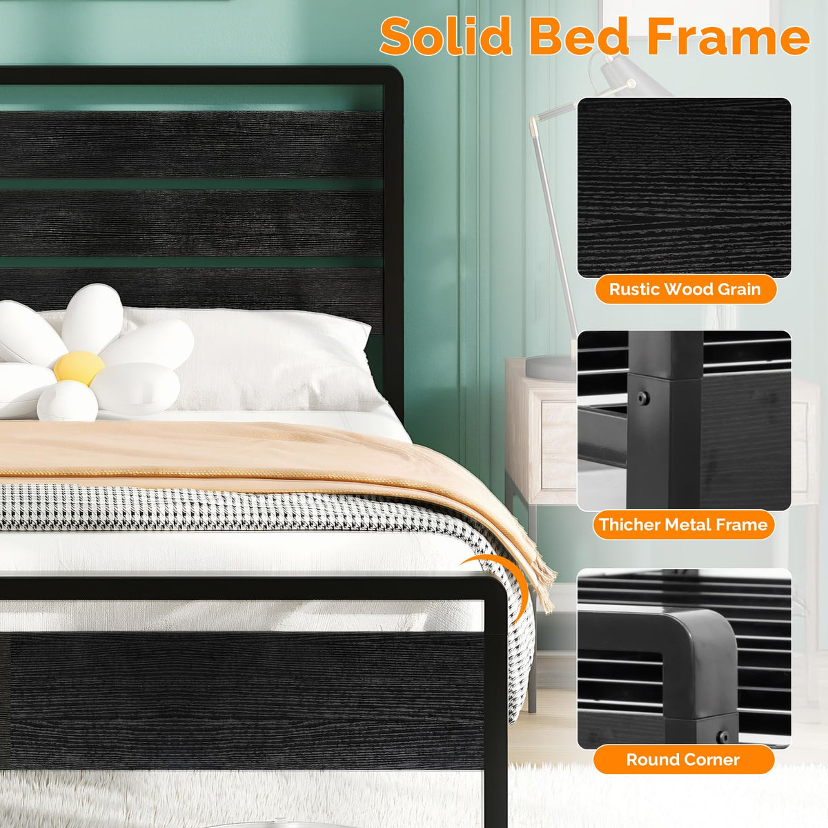 Full Size Metal Platform Bed Frame with LED Headboard and Charging Ports, Black Y329224