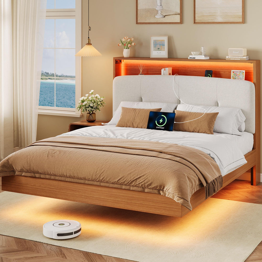 Full Size Floating Bed Frame with LED Light and Charging Station R52287