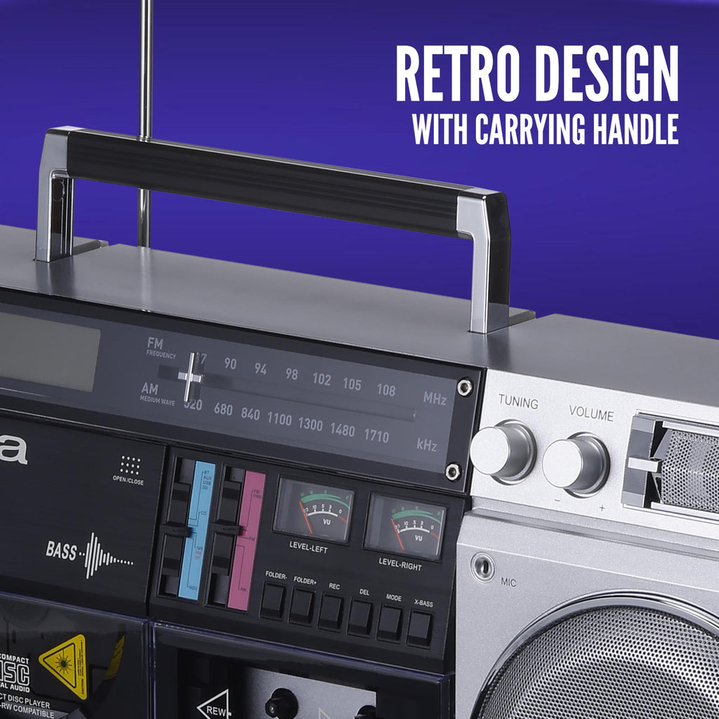 Retro Boombox CD Player with Cassette Recording, Bluetooth, FM/AM Radio, USB/SD/AUX Inputs, Dual 40W Speakers O575761