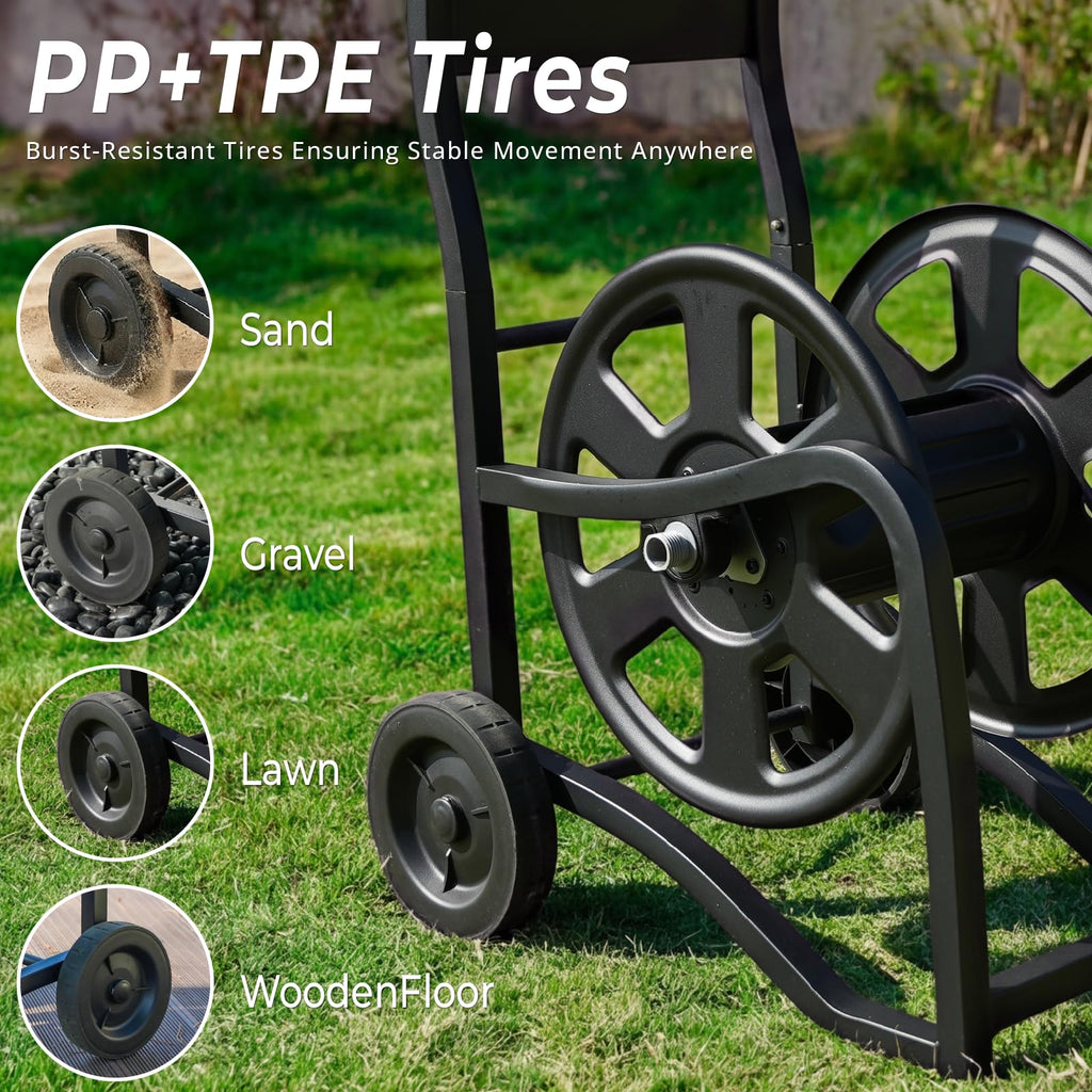 Heavy Duty Metal Garden Hose Reel Cart with Wheels, Holds 200FT Hose L13742