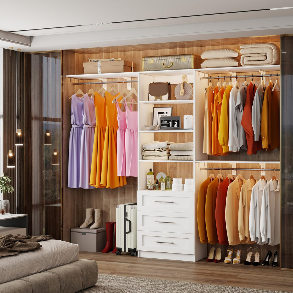 White Closet System with 3 Wood Drawers and Hanging Rods C125634