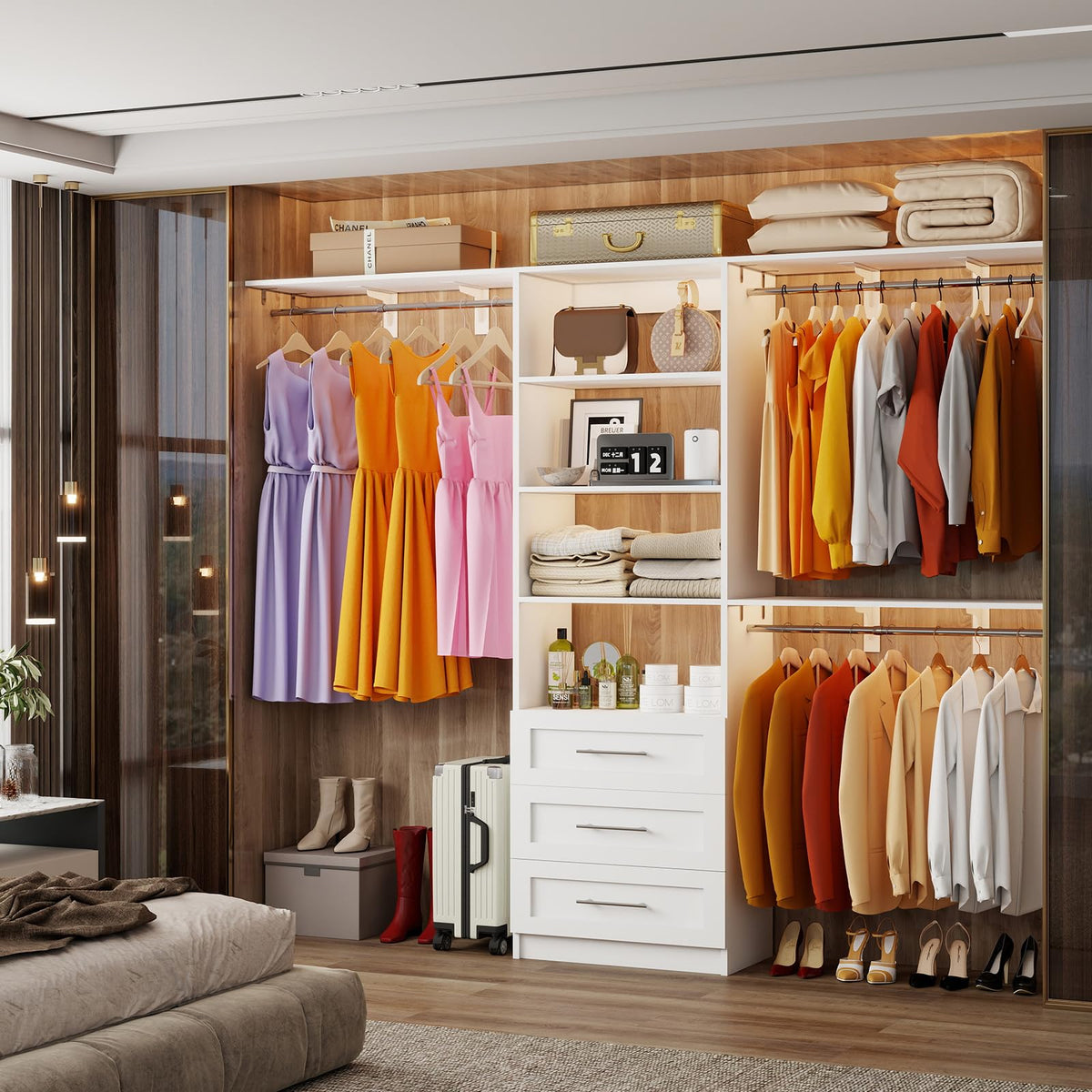 White Closet System with 3 Wood Drawers and Hanging Rods C125634