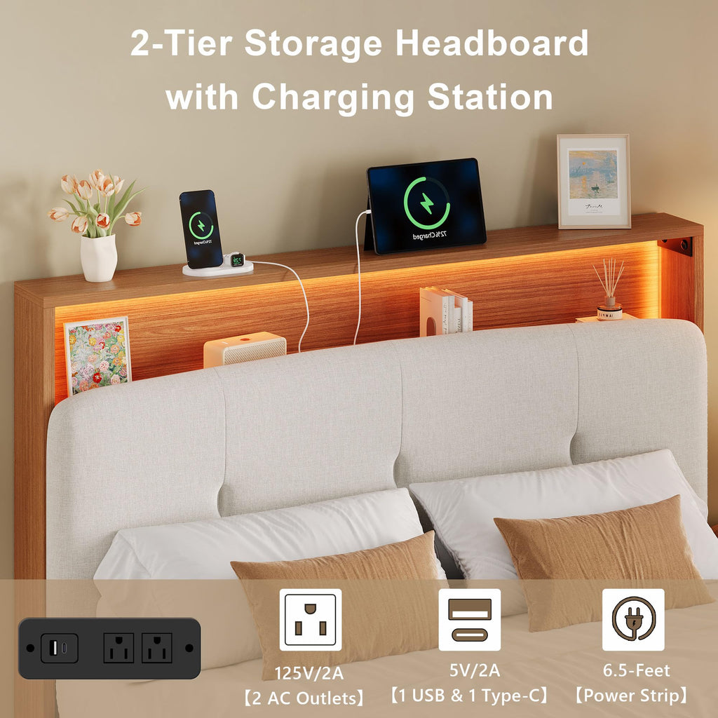 Full Size Floating Bed Frame with LED Light and Charging Station R52287