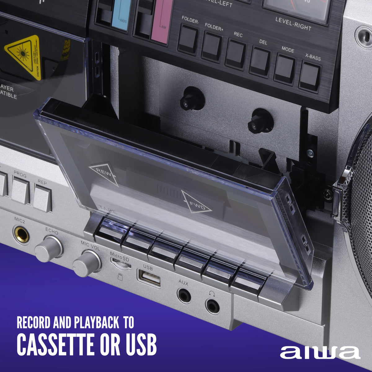 Retro Boombox CD Player with Cassette Recording, Bluetooth, FM/AM Radio, USB/SD/AUX Inputs, Dual 40W Speakers O575761