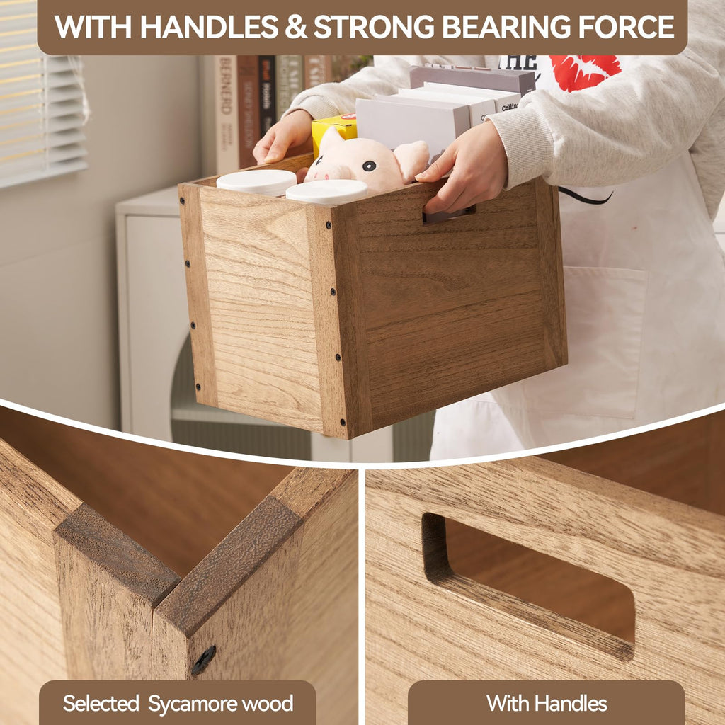 Brown Stackable Wood Storage Cube with Handles Z4366