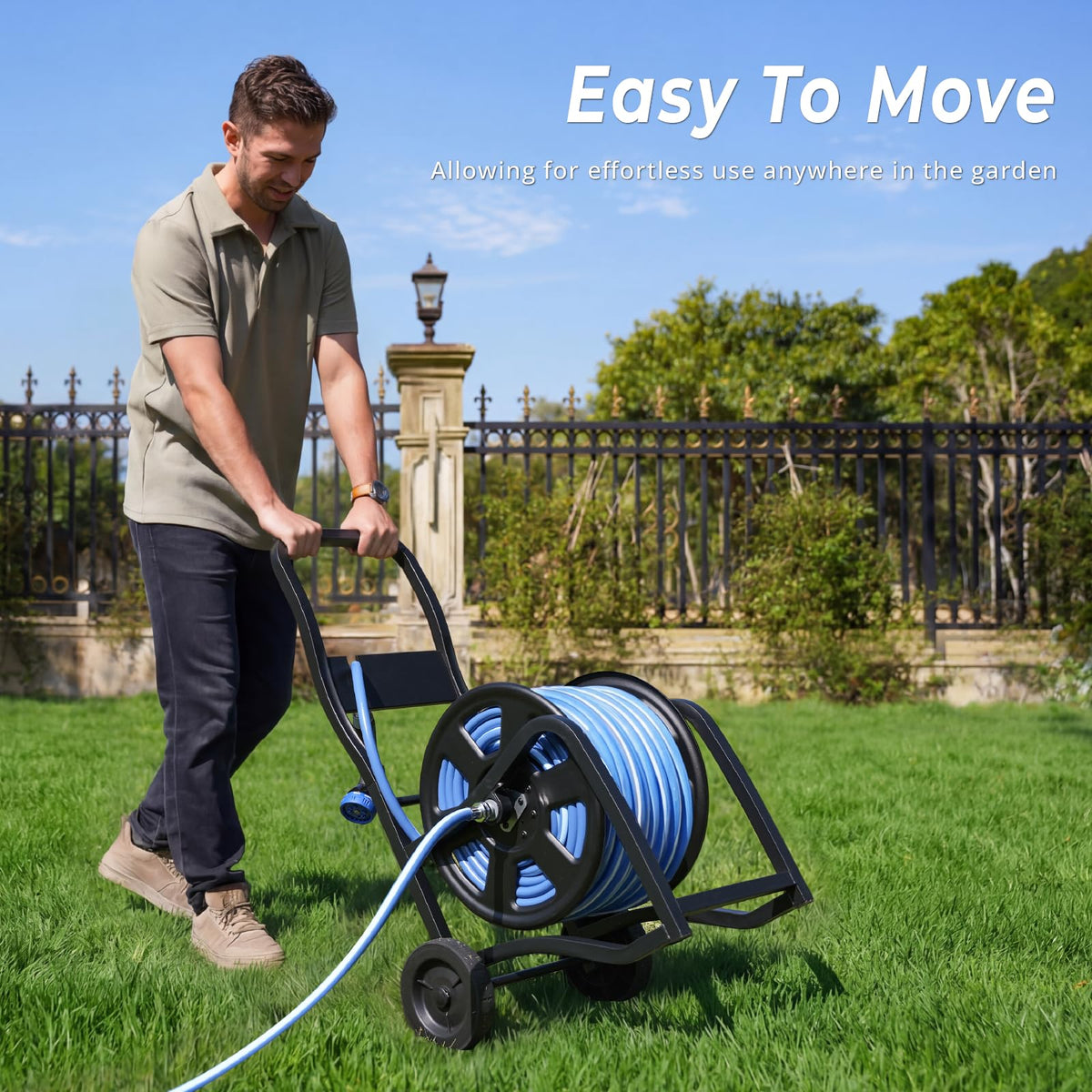 Heavy Duty Metal Garden Hose Reel Cart with Wheels, Holds 200FT Hose L13742