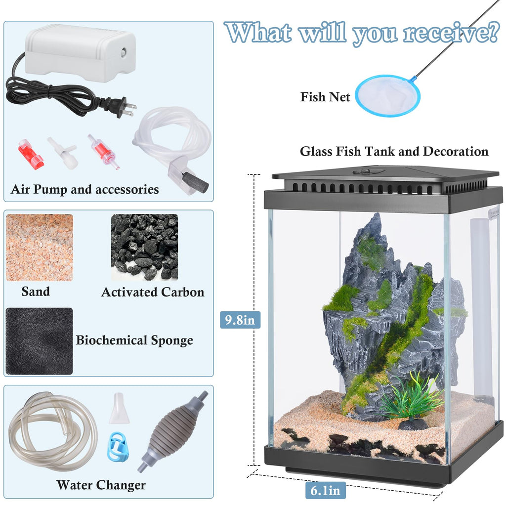 1 Gallon Small Glass Aquarium with Air Pump LED Light H2632