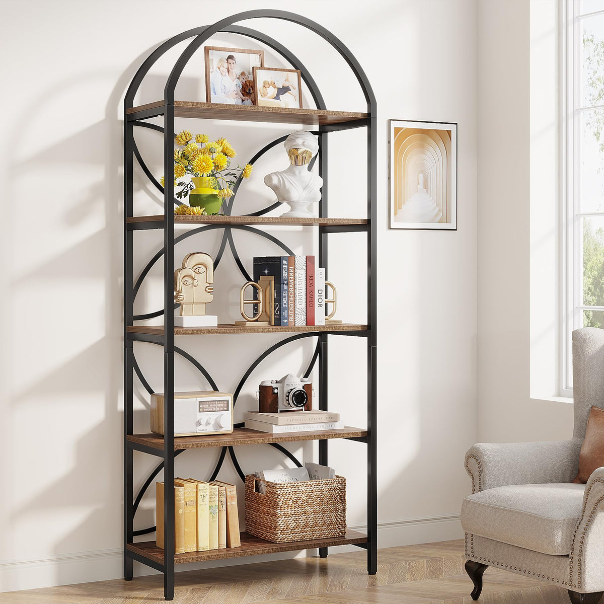 75 Inch Tall Arched 5-Tier Bookshelf O499276