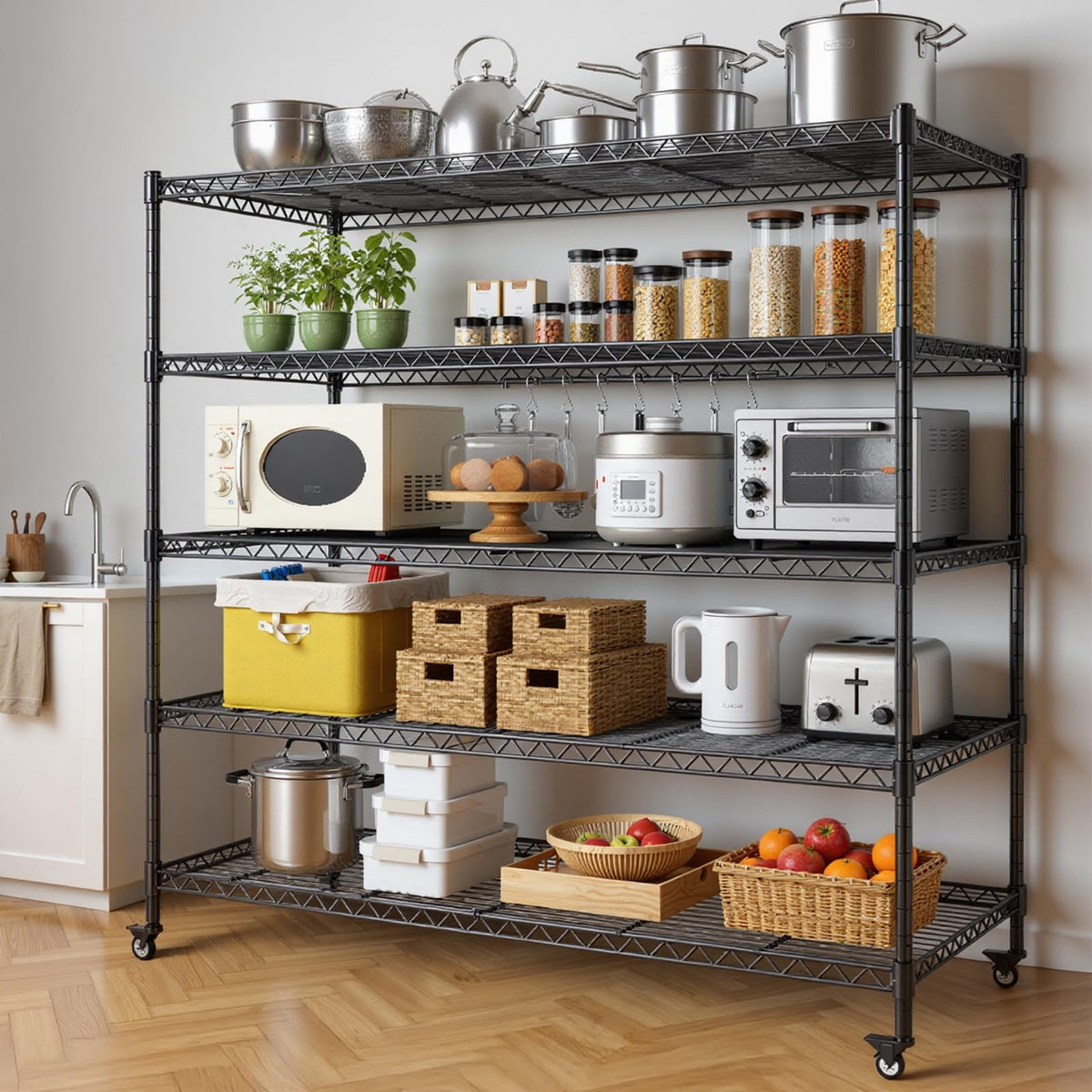 46”W 5 Tier Metal Wire Shelving with Wheels K332547