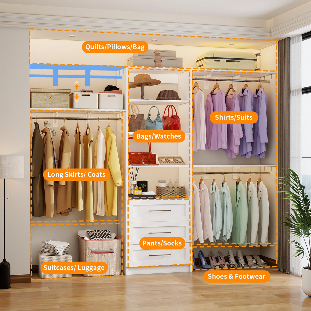 White Closet System with 3 Wood Drawers and Hanging Rods C125634