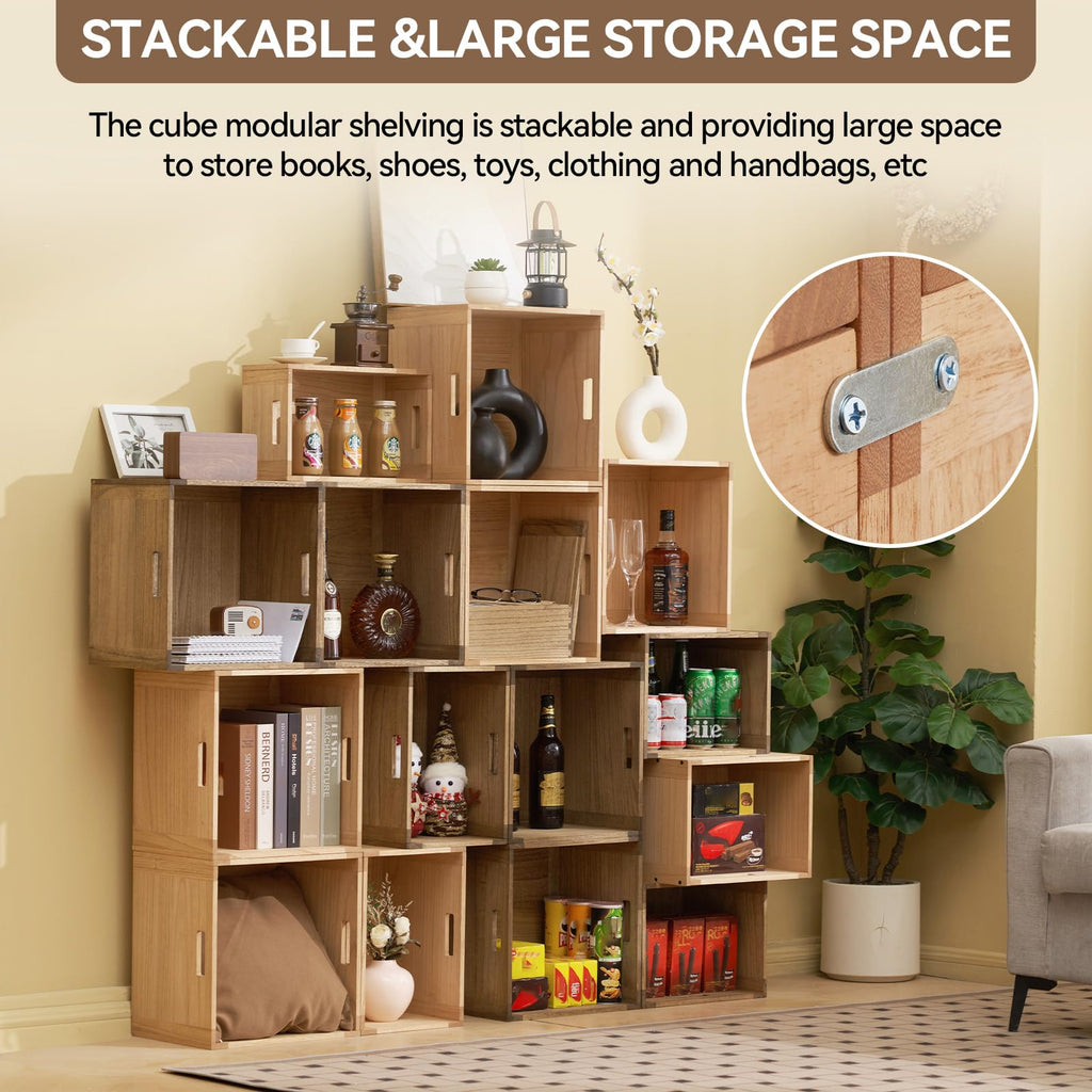 Brown Stackable Wood Storage Cube with Handles Z4366