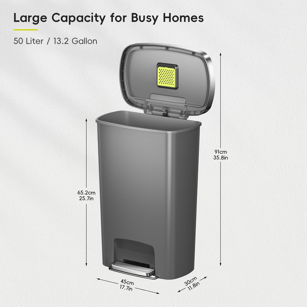 13.2 Gallon / 50L Grey Plastic Step Trash Can with Stainless Steel Lid C971