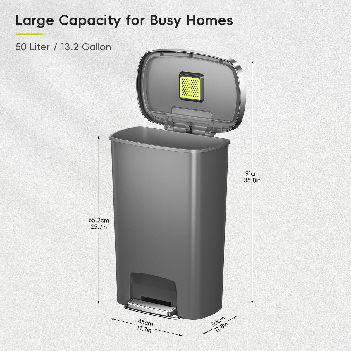 13.2 Gallon / 50L Grey Plastic Step Trash Can with Stainless Steel Lid C971