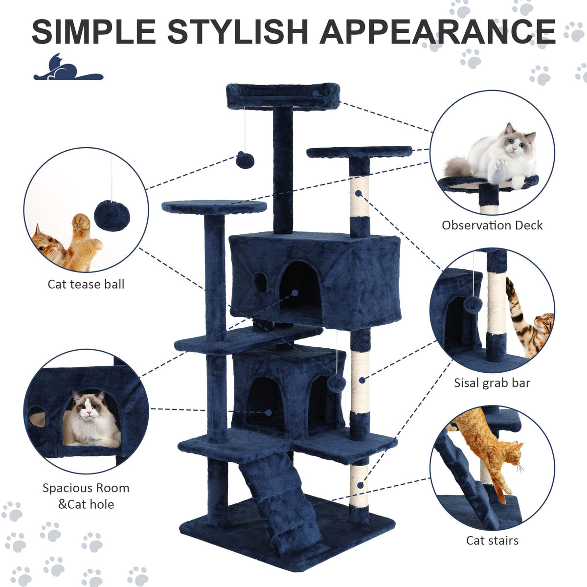 70 Inch Navy Blue Multi-Level Cat Tree with Scratching Posts N9008
