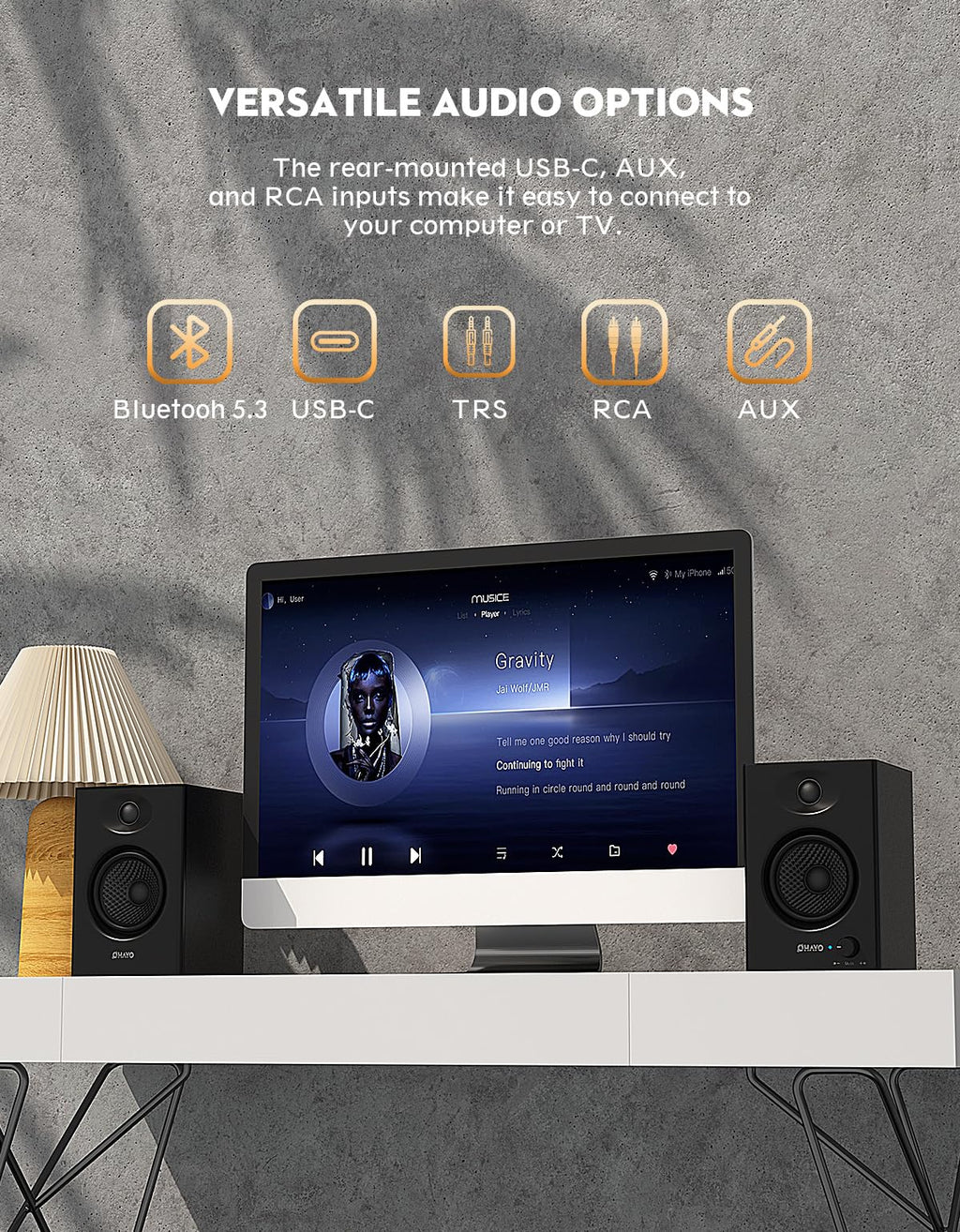 60W Bluetooth 5.3 Stereo 2.0 Computer Speakers 1 Pair Black I7755