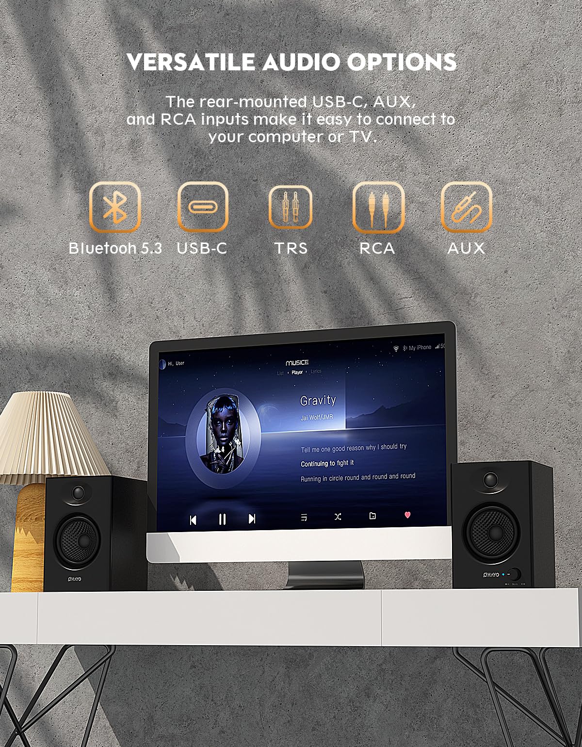 60W Bluetooth 5.3 Stereo 2.0 Computer Speakers 1 Pair Black I7755