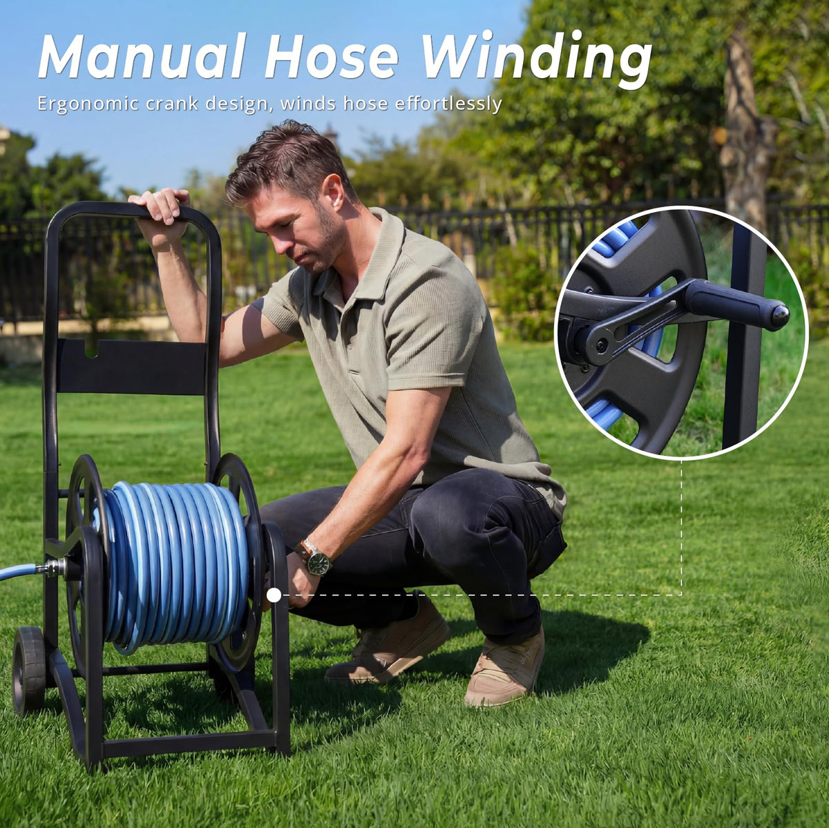 Heavy Duty Metal Garden Hose Reel Cart with Wheels, Holds 200FT Hose L13742