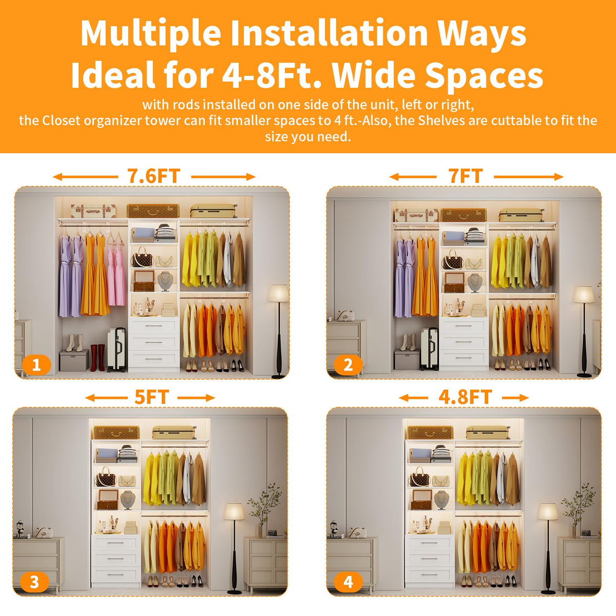 White Closet System with 3 Wood Drawers and Hanging Rods C125634