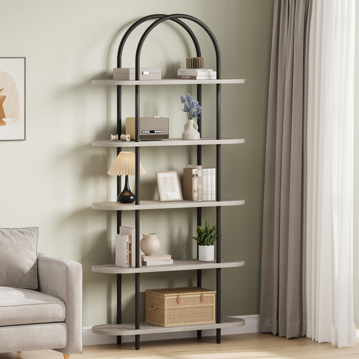 5-Tier Open Arched Bookshelf with Metal Frame N222955