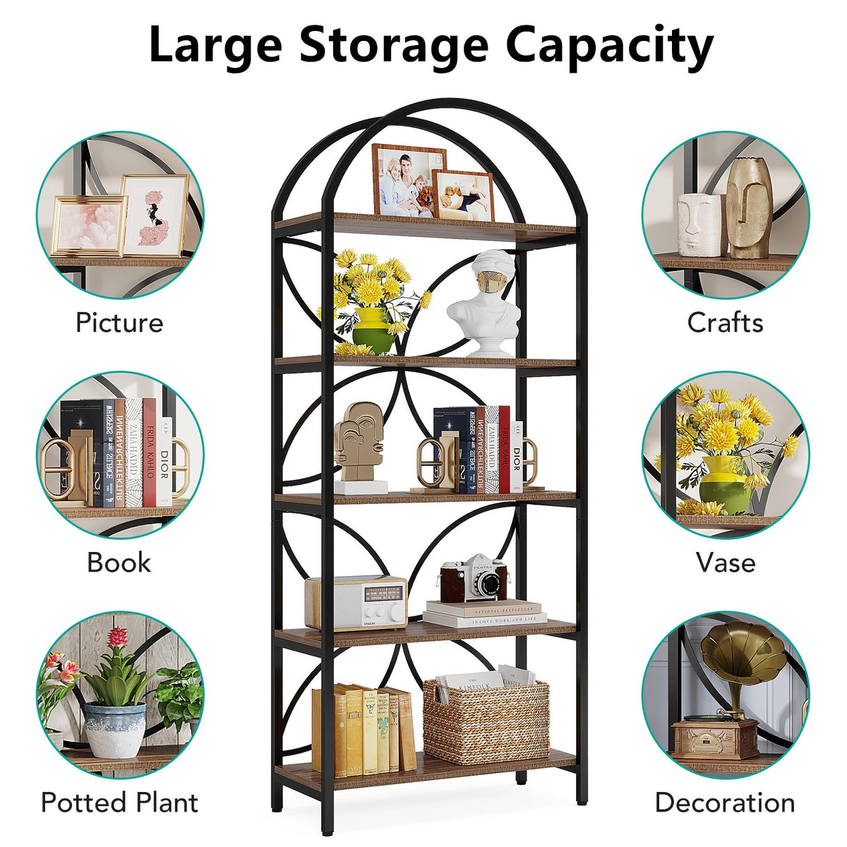 75 Inch Tall Arched 5-Tier Bookshelf O499276