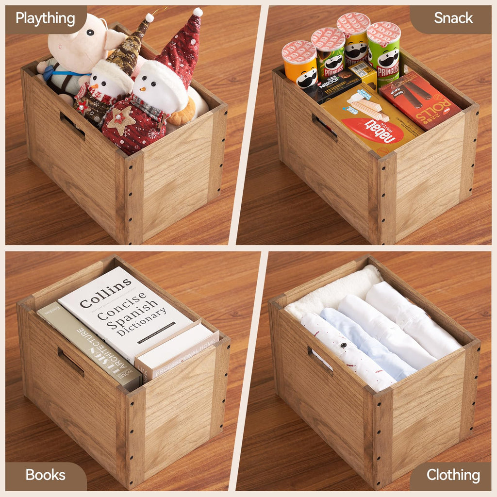 Brown Stackable Wood Storage Cube with Handles Z4366